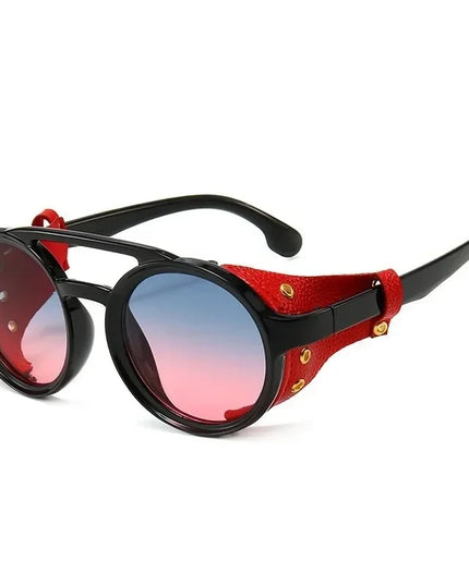 Steampunk Shields Sunglasses Men Women Classic SunGlasses With Side Leather Round Eyewear Pink UV400 Lens