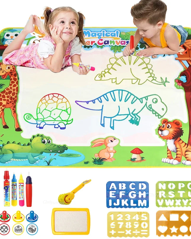 No Mess Magic Water Drawing Mat Doodle Board Reusable Educational Toy with Pens & Stamps, Gift for Toddler Boys Girls