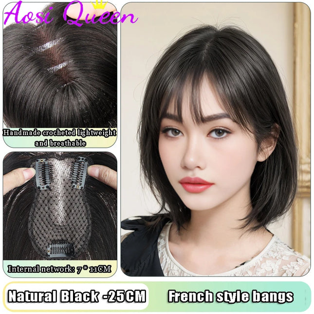 AOSI Synthetic Eight-character Bangs Wig For Women With High Hair Volume And High Skull Covering Gray Hair Replacement Wig