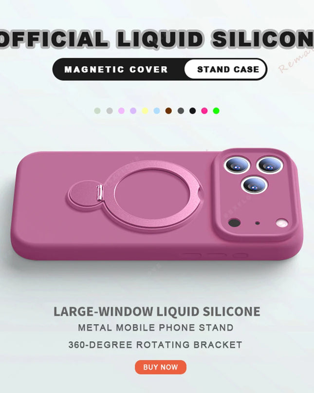 360 Magnetic Stand Liquid Silicone Phone Case For iPhone 17 Air 13 14 15 16 Pro Max Plus Magsafe Charge Holder Protector Cover