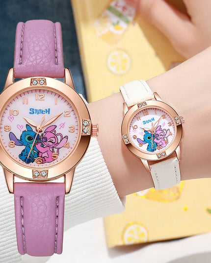 Fashion Cartoon Pattern Stitch Girls Watches Kids Leather Strap Children Watch with Rhinestone Dial reloj stich Exquisite Gift