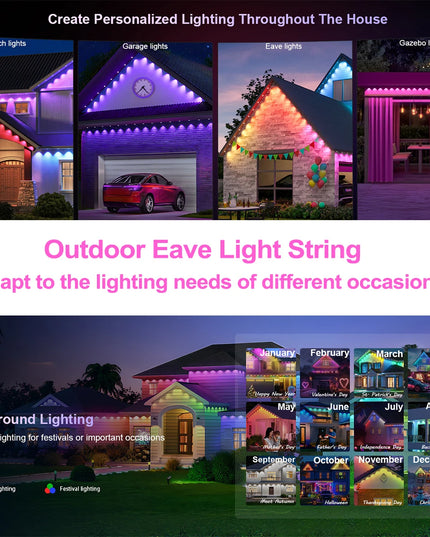 LED Permanent Outdoor Lights IP65 Waterproof RGBIC Eave Lights With Remote for Christmas New Year Roof DIY Holiday String Light