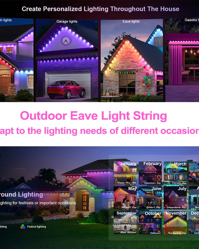 LED Permanent Outdoor Lights IP65 Waterproof RGBIC Eave Lights With Remote for Christmas New Year Roof DIY Holiday String Light