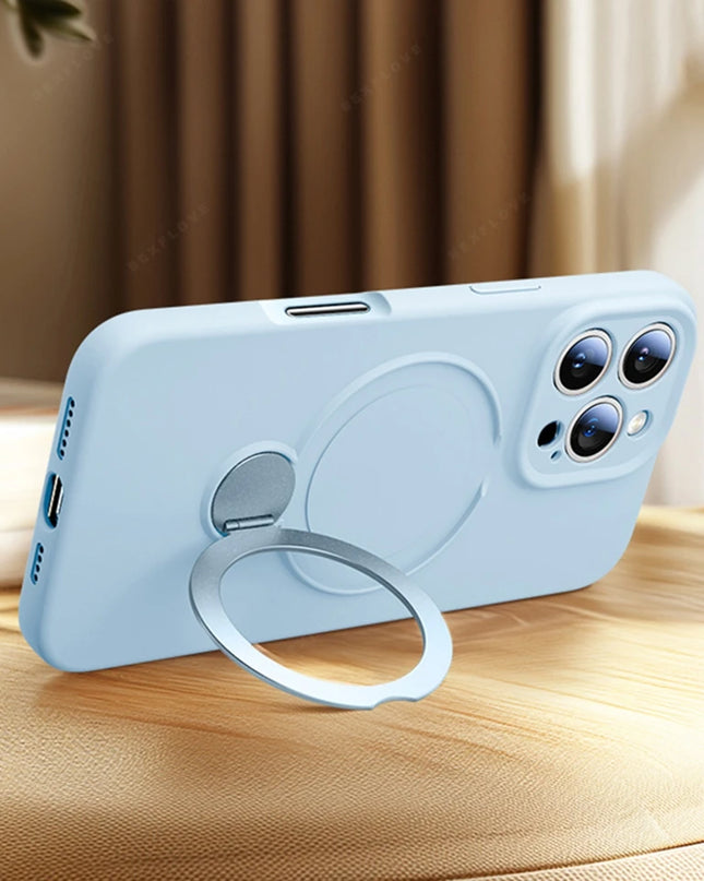 360 Magnetic Stand Liquid Silicone Phone Case For iPhone 17 Air 13 14 15 16 Pro Max Plus Magsafe Charge Holder Protector Cover