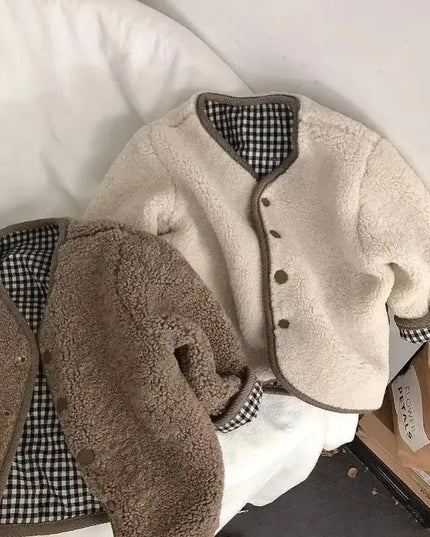 New Autumn and Winter New Warm Jacket Children Two Sides Wear Plaid Plush Jacket Kids Jackets Winter Clothes for Girls