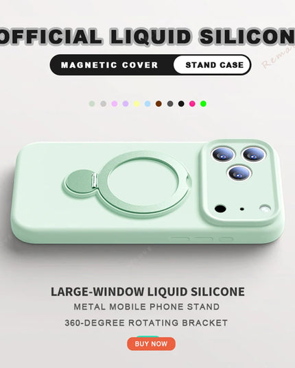 360 Magnetic Stand Liquid Silicone Phone Case For iPhone 17 Air 13 14 15 16 Pro Max Plus Magsafe Charge Holder Protector Cover