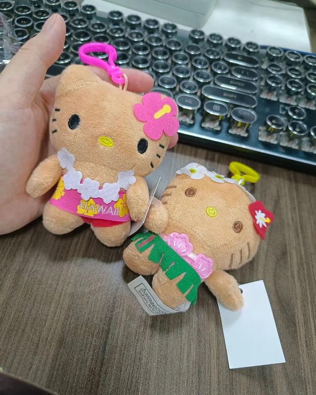 Hot Anime Hello Kitty Kuromi Dolls Filled Keychain Dark Skin Hawaiian Series Cartoon Accessory Toys Bag Pendant Charms