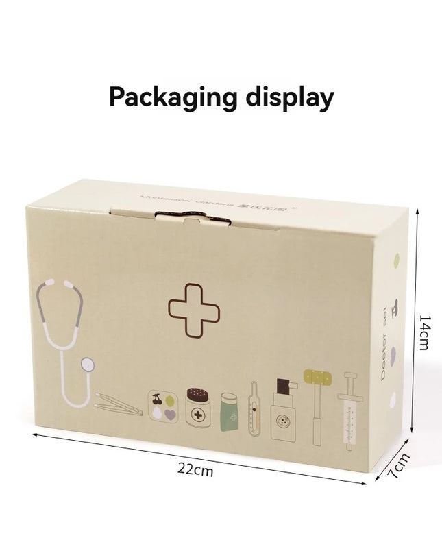 Children playing house simulation, doctors, nurses, stethoscopes, medical kits, syringes, toy sets, wooden boys and girls