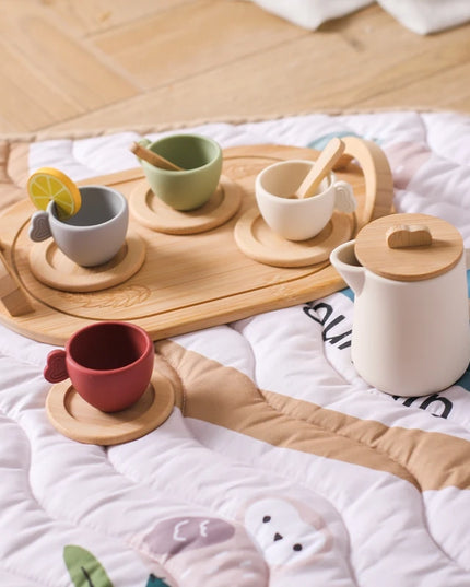 Wooden Montessori Toys Toddler Pretend Play Tea Party Set Silicone Teapot Cups Wood Tray Scoop Toys for Kids Birthday Gift