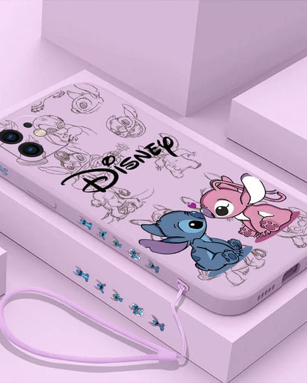Disneys Super Cute Stitchs Couple Case For iPhone 16 15 14 13 12 11 Pro Max Mini X XR XSMAX 8 7 6S Plus Cover With Hand Strap