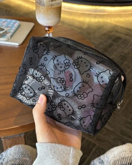 New Hello Kitty Mesh Material Cosmetics Storage Bag Creative High-Capacity Portable Zipper Handbag Cute Girls' Supplie