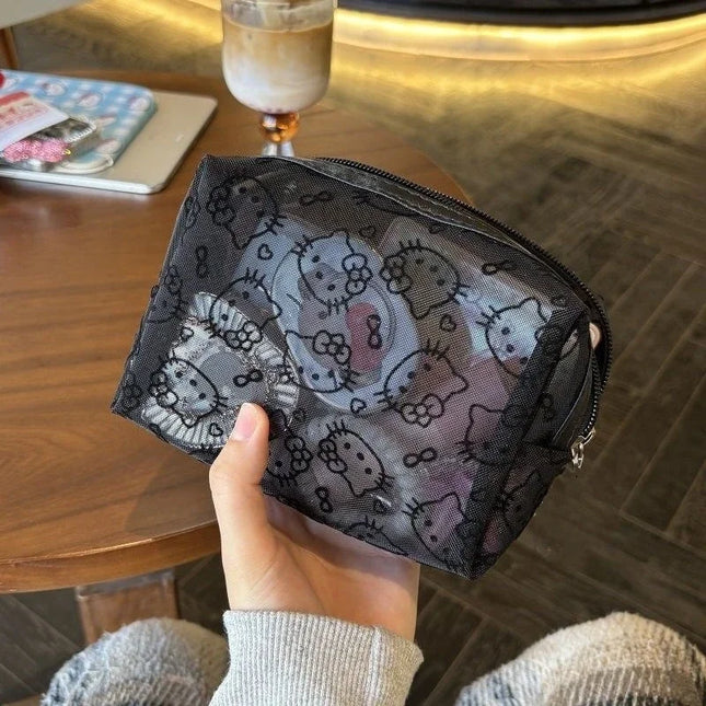 New Hello Kitty Mesh Material Cosmetics Storage Bag Creative High-Capacity Portable Zipper Handbag Cute Girls' Supplie