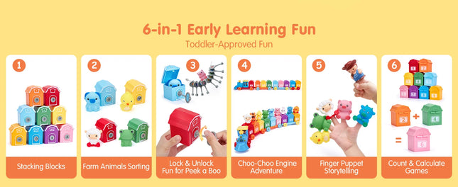 Toddler Learning Toys Montessori Train Set with Farm Animals Counting Sorting Toys Fine Motor Finger Puppets Games For Gifts