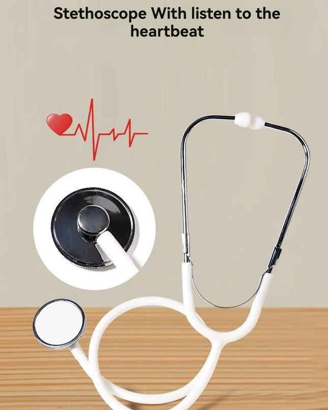 Children playing house simulation, doctors, nurses, stethoscopes, medical kits, syringes, toy sets, wooden boys and girls