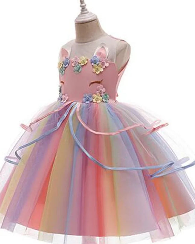 Girl Unicorn Cosplay Dress Children Party Birthday Princess Costume Sleeveless Trailing Wedding Christmas Outfit Girl Clothing