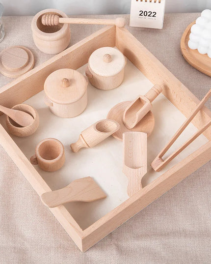 Montessori Sensory Enlighten Puzzle Toys Set Simulated Kitchen Tea Set Family Experience Early Childhood Education Wooden Toys