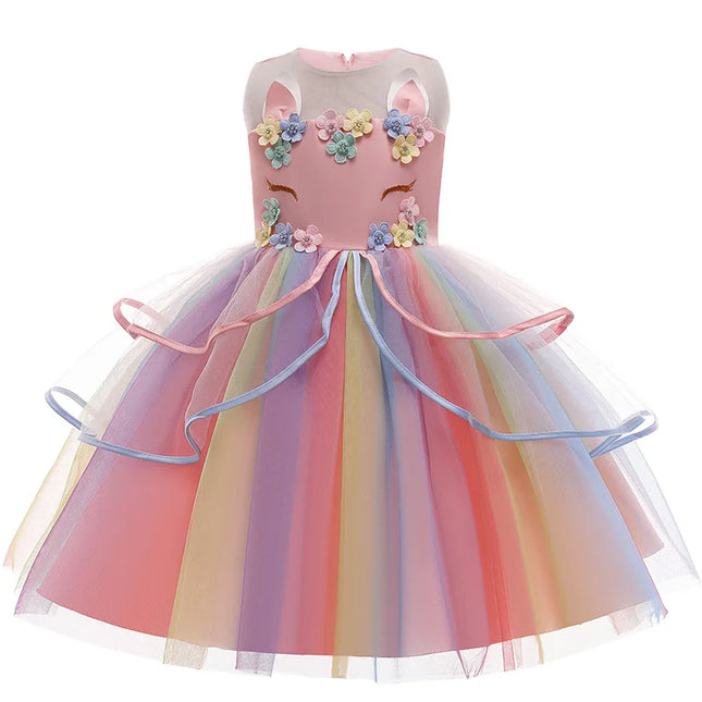 Girl Unicorn Cosplay Dress Children Party Birthday Princess Costume Sleeveless Trailing Wedding Christmas Outfit Girl Clothing