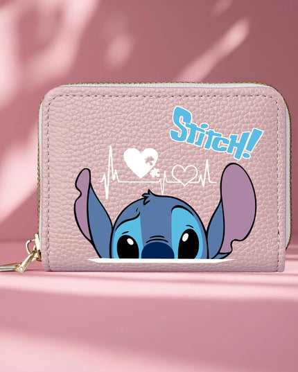 Stitch Design PU Leather Wallet – Double Zipper Short Coin Purse with Card Slots, Cute Cartoon Style, 4 Colors Available