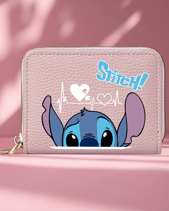 Stitch Design PU Leather Wallet – Double Zipper Short Coin Purse with Card Slots, Cute Cartoon Style, 4 Colors Available