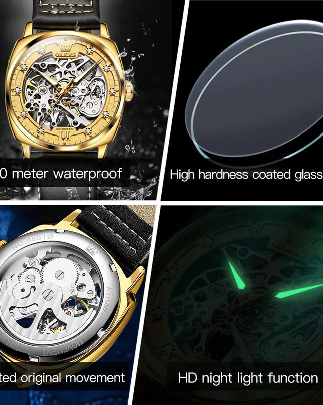 OLEVS 6651 Top Brand Men Watches Fashion Dress Automatic Mechanical Wristwatch Wateproof Luminous Hollow Flywheel Watch for man