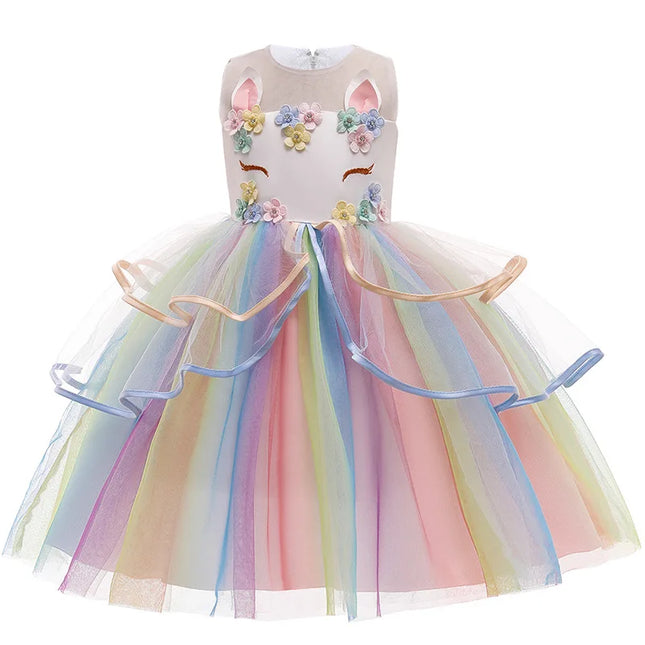 Girl Unicorn Cosplay Dress Children Party Birthday Princess Costume Sleeveless Trailing Wedding Christmas Outfit Girl Clothing