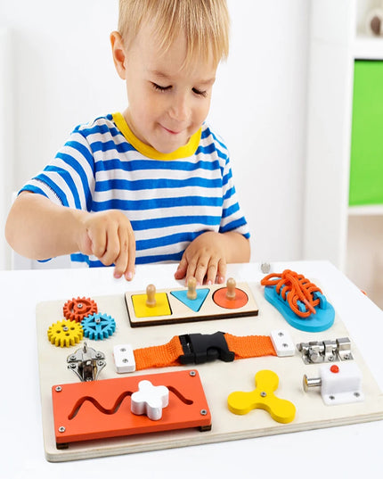 Montessori Wooden Busy Board Unlock Toy Essential Educational Sensory Board for Toddlers Intelligence Development Toys Gift