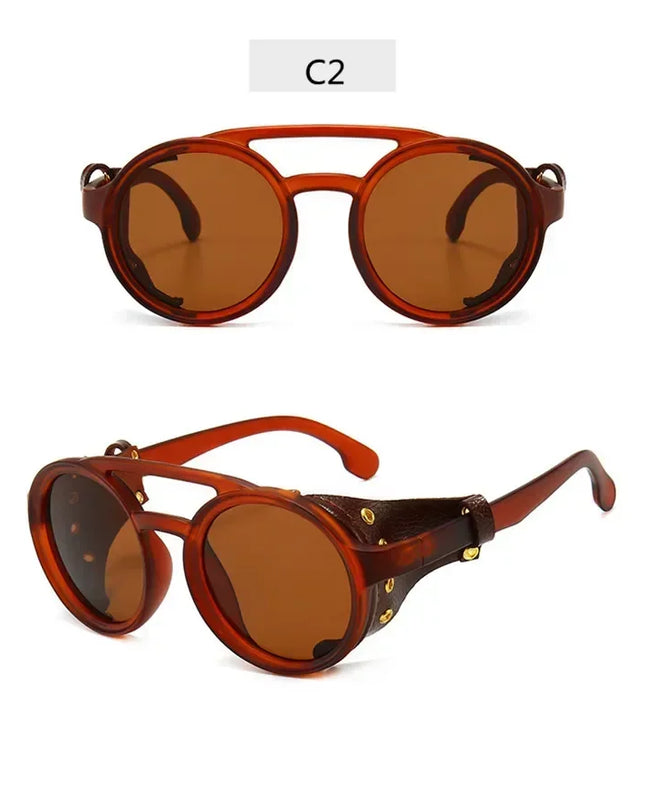 Steampunk Shields Sunglasses Men Women Classic SunGlasses With Side Leather Round Eyewear Pink UV400 Lens