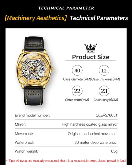 OLEVS 6651 Top Brand Men Watches Fashion Dress Automatic Mechanical Wristwatch Wateproof Luminous Hollow Flywheel Watch for man