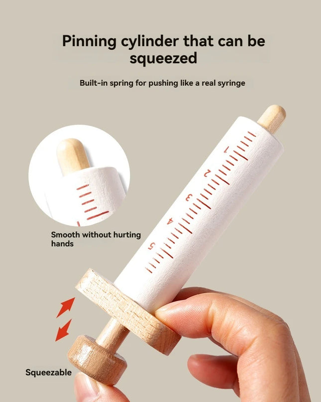 Children playing house simulation, doctors, nurses, stethoscopes, medical kits, syringes, toy sets, wooden boys and girls