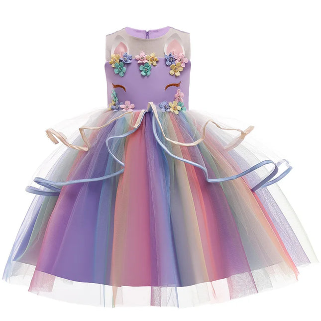 Girl Unicorn Cosplay Dress Children Party Birthday Princess Costume Sleeveless Trailing Wedding Christmas Outfit Girl Clothing