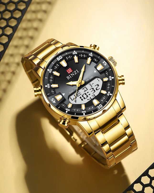 Men Watches 2025 Top Brand Luxury relogio masculino Gold Stainless Steel Band Wrist Watch For Male Clock Men Dual Display watch