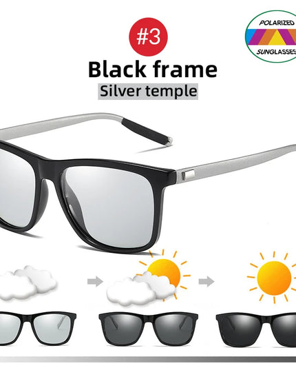 Classic Fishing Sunglasses Men Polarized Metal Square Frame UV400 Photochromic Goggles Women Driving Discoloration Eyewear