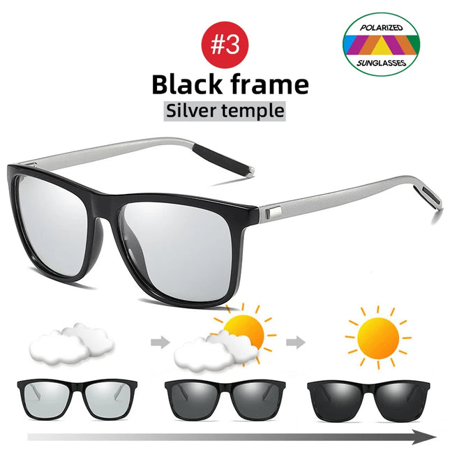 Classic Fishing Sunglasses Men Polarized Metal Square Frame UV400 Photochromic Goggles Women Driving Discoloration Eyewear