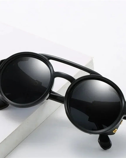 Steampunk Shields Sunglasses Men Women Classic SunGlasses With Side Leather Round Eyewear Pink UV400 Lens
