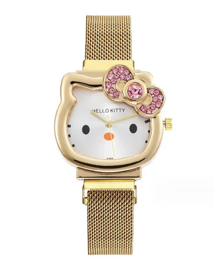 Hello Kitty Bow Diamond Watch Sanrio Anime Fashionable Quartz Watches Cute Cartoon Magnet Watches Girls Birthday Gifts