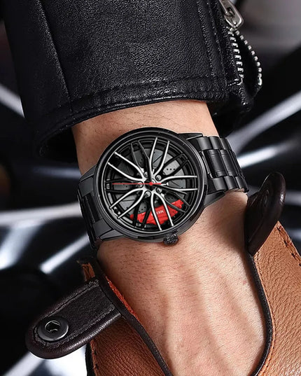 Car Watches For Men Waterproof Stainless Steel Quartz Wrist Watch Sports Men's Watches With Car Wheel Rim Hub Design
