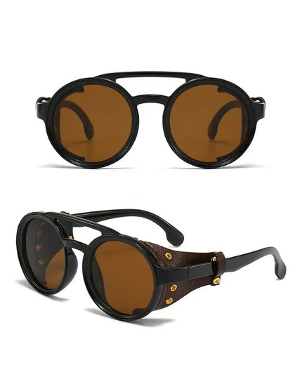 Steampunk Shields Sunglasses Men Women Classic SunGlasses With Side Leather Round Eyewear Pink UV400 Lens