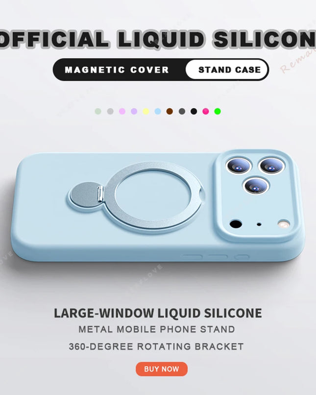 360 Magnetic Stand Liquid Silicone Phone Case For iPhone 17 Air 13 14 15 16 Pro Max Plus Magsafe Charge Holder Protector Cover