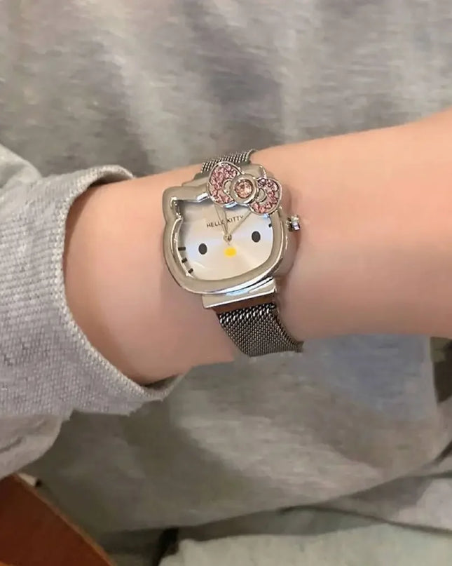 Hello Kitty Bow Diamond Watch Sanrio Anime Fashionable Quartz Watches Cute Cartoon Magnet Watches Girls Birthday Gifts