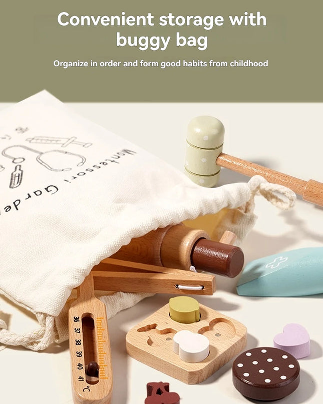 Children playing house simulation, doctors, nurses, stethoscopes, medical kits, syringes, toy sets, wooden boys and girls