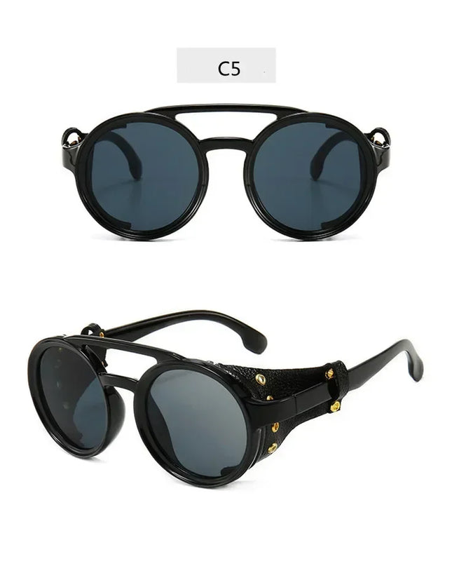 Steampunk Shields Sunglasses Men Women Classic SunGlasses With Side Leather Round Eyewear Pink UV400 Lens