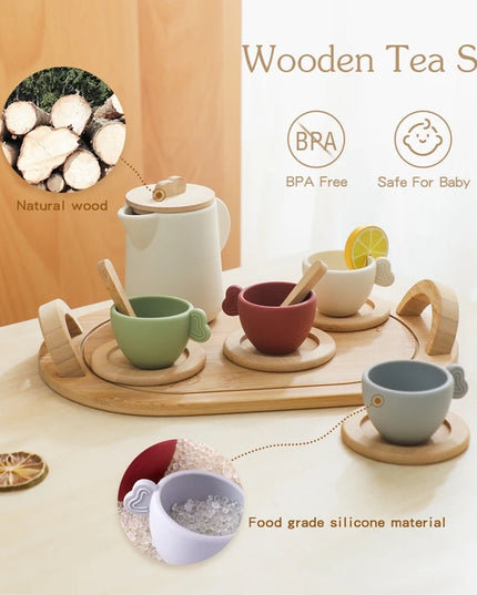 Wooden Montessori Toys Toddler Pretend Play Tea Party Set Silicone Teapot Cups Wood Tray Scoop Toys for Kids Birthday Gift