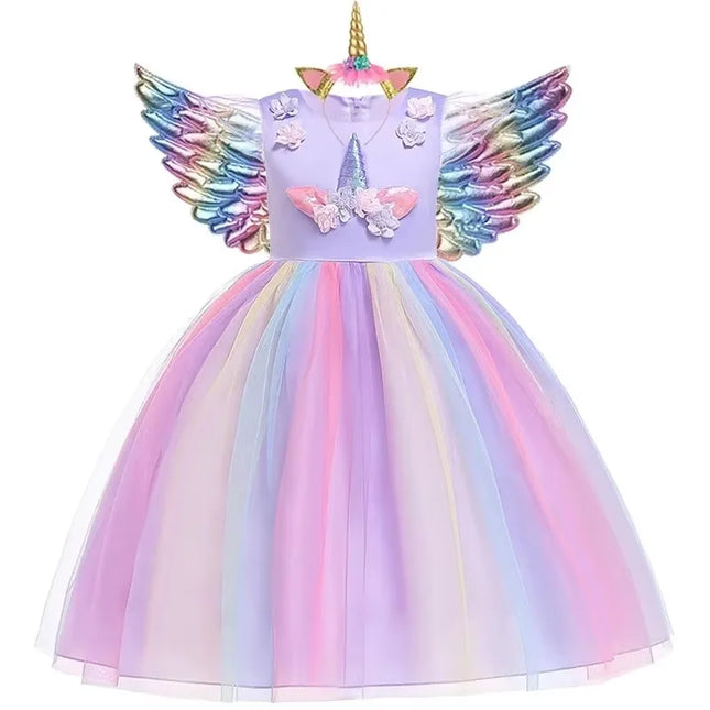 Kids Unicorn Dress for Girls Party Dresses Flower Appliques Ball Gown Little Girl Princess Costumes Summer Children Dresses