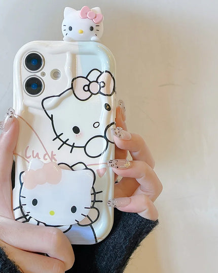 Pink Kitty Head Toy Grip Tok Holder Cartoon Wave Soft Phone Case For iPhone 16 Plus 15 14 Pro Max 13 Mini 12 11 X XS XR 7 8 SE
