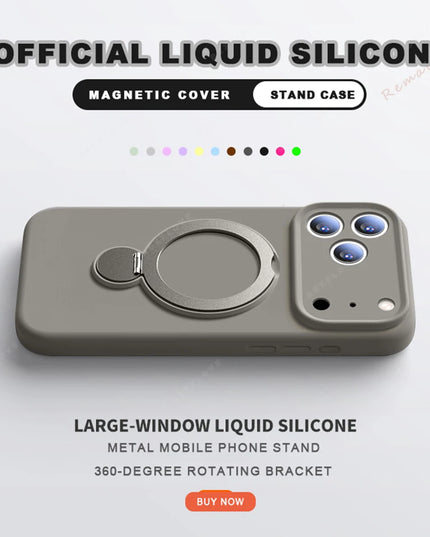 360 Magnetic Stand Liquid Silicone Phone Case For iPhone 17 Air 13 14 15 16 Pro Max Plus Magsafe Charge Holder Protector Cover