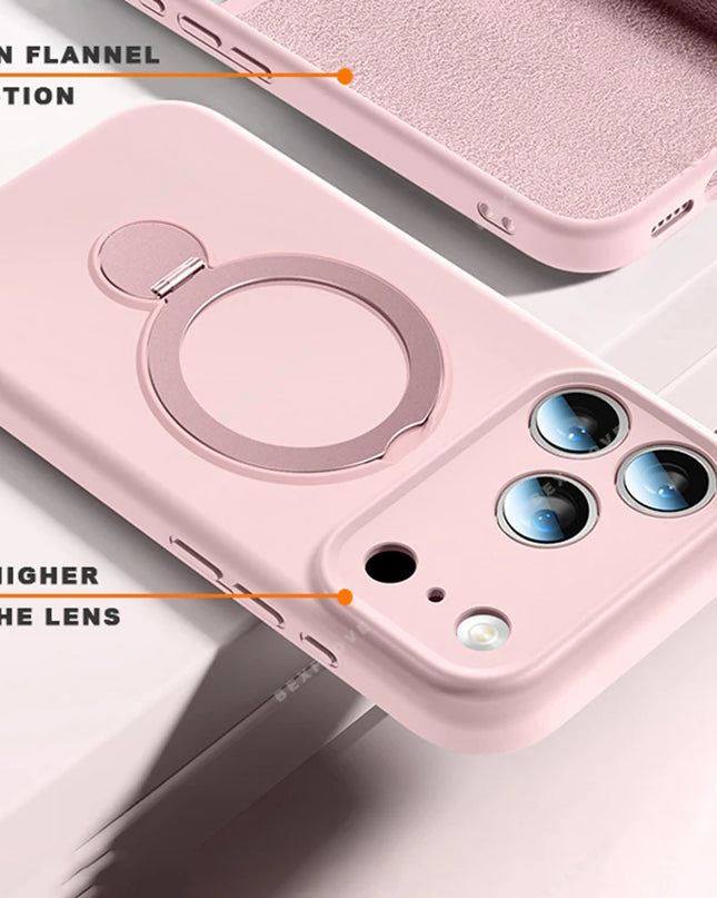 360 Magnetic Stand Liquid Silicone Phone Case For iPhone 17 Air 13 14 15 16 Pro Max Plus Magsafe Charge Holder Protector Cover