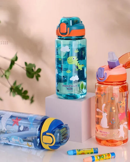 600ml Dinosaur Water Bottle For Kids Water Sippy Cup With Silicone Straw Leakproof Plastic Water Bottles Summer Kids Water Cup
