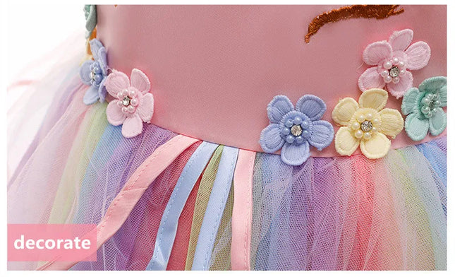 Girl Unicorn Cosplay Dress Children Party Birthday Princess Costume Sleeveless Trailing Wedding Christmas Outfit Girl Clothing