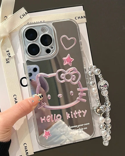 Cute Cartoon Sanrio Y2K Hello Kitty Silver Plating Phone Case For iPhone 16 15 14 13 12 11 Pro Max Cases Mirror Surface  Cover
