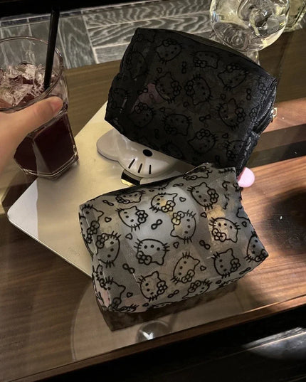 New Hello Kitty Mesh Material Cosmetics Storage Bag Creative High-Capacity Portable Zipper Handbag Cute Girls' Supplie